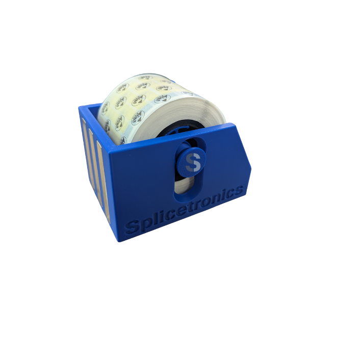 Blue splicing tool with a roll of tape on a white background