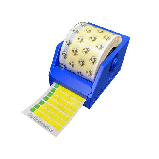 Label printer with a roll of labels on a white background