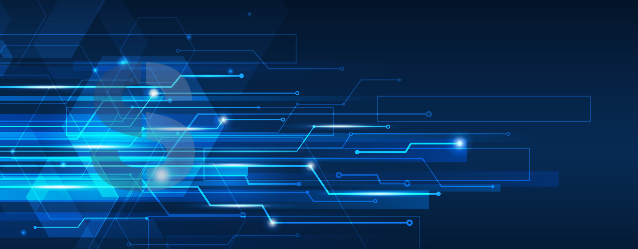 Blue futuristic circuit design on a dark background