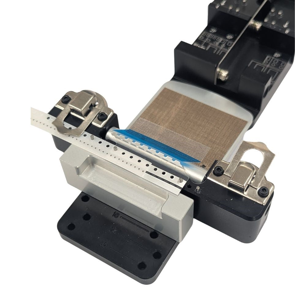 DSBL Silver Blue Double Splice Tape 8mm in use on ST132 All-in-One SMT Splice Tool — Metal Detection Splice for Carrier Tape