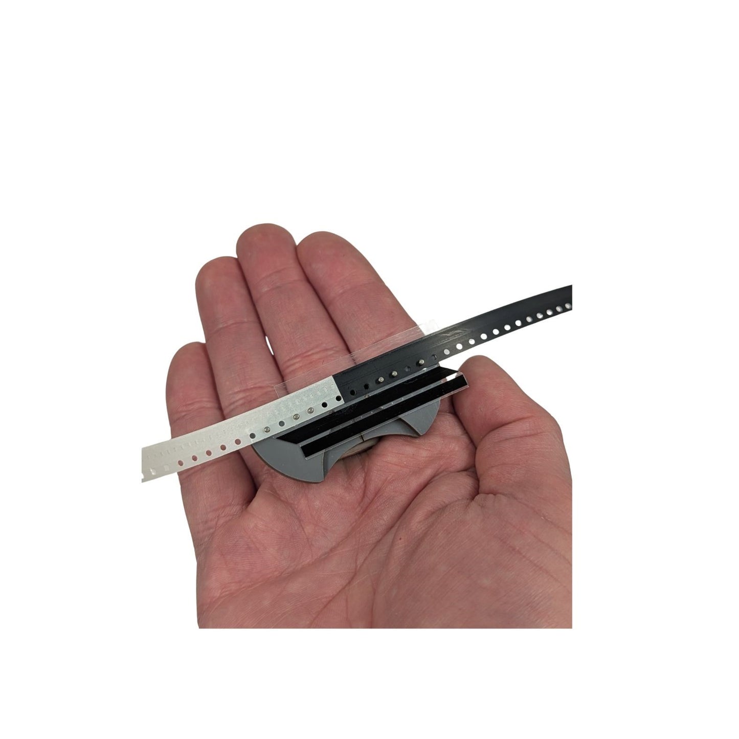 DPL08 Black Double Splice Tape with FJ110 Finger Jig — Splicing White SMT Component Carrier Tape to Black BCTE Carrier Tape Extender 8mm