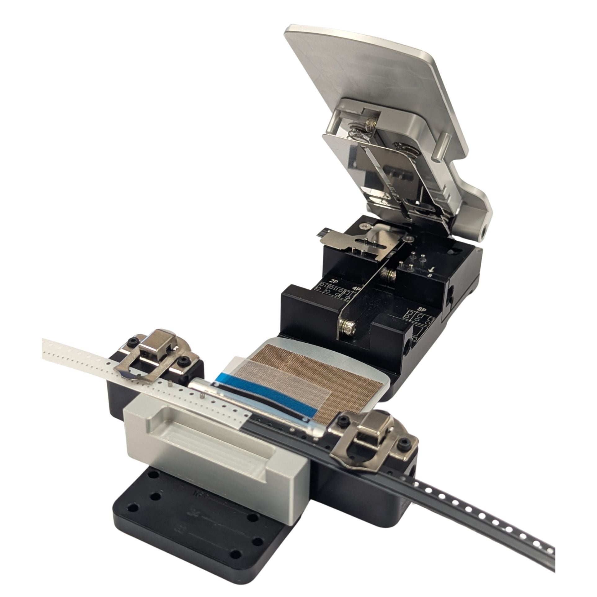 ST132 All-in-One SMT Splice Tool — Open Position Showing Foldable Splice Jig, Pitch Adjustment and AFT Tape Compatibility for 8mm to 32mm Carrier Tape