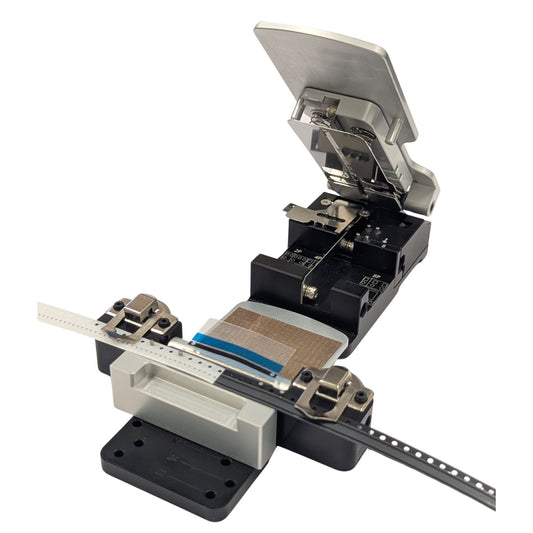 ST132 All-in-One SMT Splice Tool — Open Position Showing Foldable Splice Jig, Pitch Adjustment and AFT Tape Compatibility for 8mm to 32mm Carrier Tape
